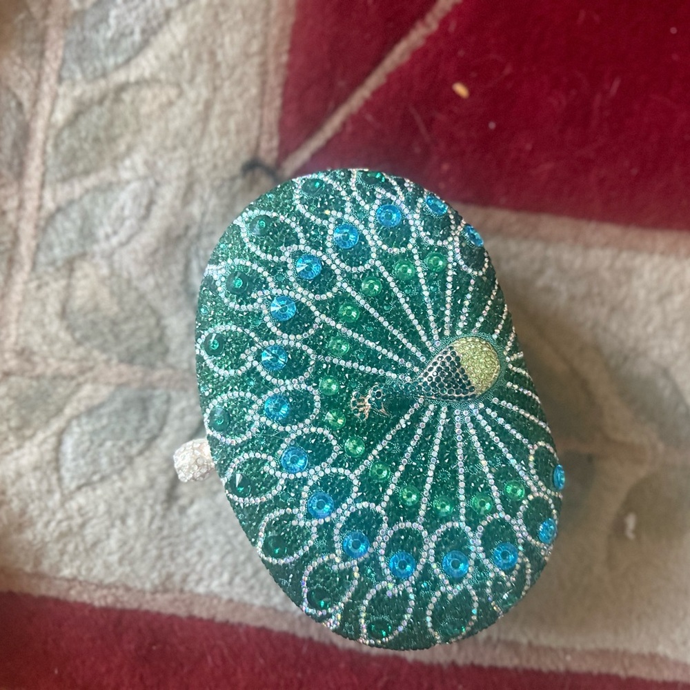 Green Crystal Peacock-Embellished Evening Clutch
